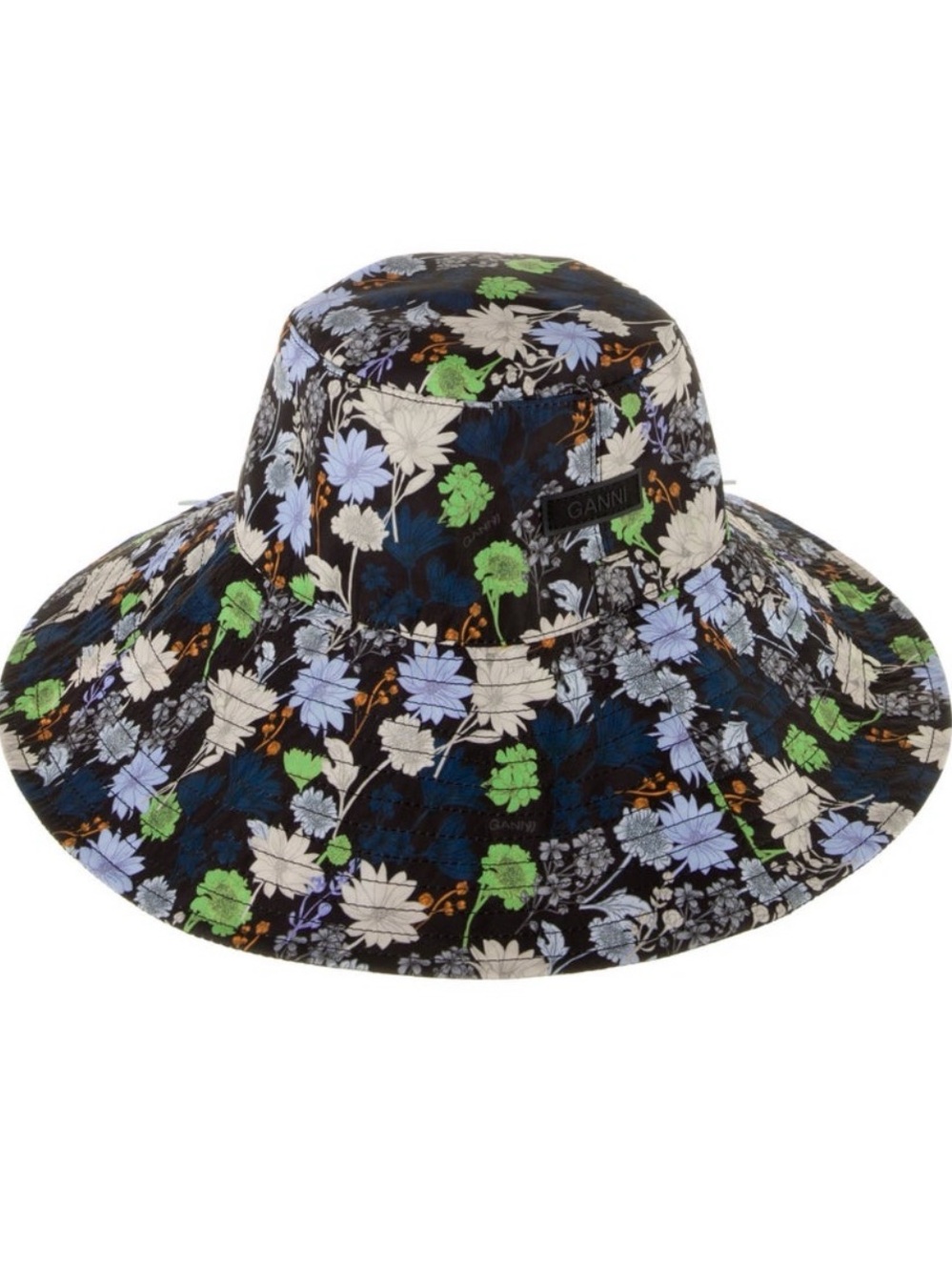 Ganni Floral Wide-Brim Sun Hat with Blue, Green & Cream Flowers